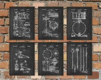 Drum Patent Prints Set of 6 - Drummer Musician Wall Decor - Music Room Decor - Percussion Musical Instruments - Musician Gift Idea