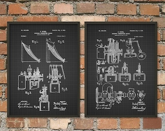 Diesel Engine Patent Print Set Of 2 - Vintage Diesel Engine Design - Combustion Engine Invention - Rudolf Diesel - Mechanical Engineer Gift