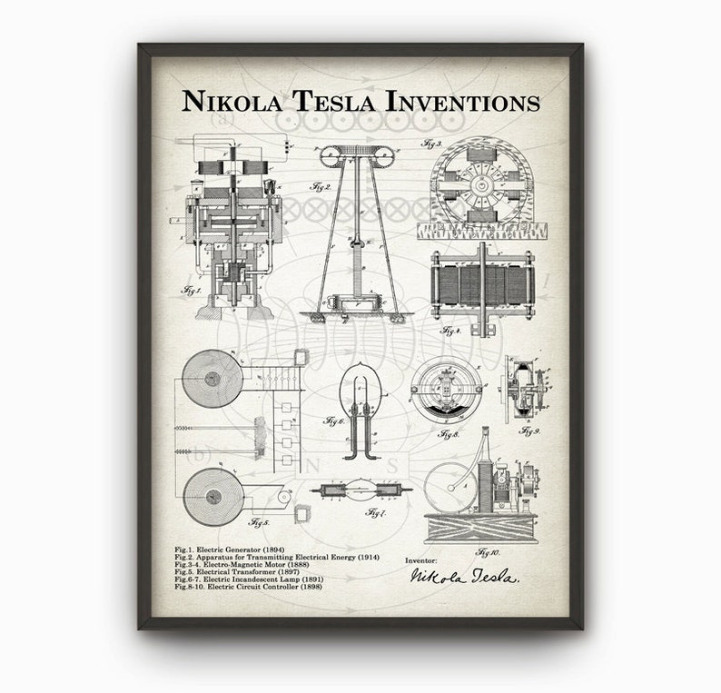 Peut inclure: Une illustration vintage en noir et blanc des inventions de Nikola Tesla, notamment un g&eacute;n&eacute;rateur &eacute;lectrique, un appareil de transmission d'&eacute;nergie &eacute;lectrique, un moteur &eacute;lectromagn&eacute;tique, un transformateur &eacute;lectrique, une lampe &agrave; incandescence &eacute;lectrique et un contr&ocirc;leur de circuit &eacute;lectrique. L'illustration est l&eacute;gend&eacute;e du nom de l'inventeur, Nikola Tesla.