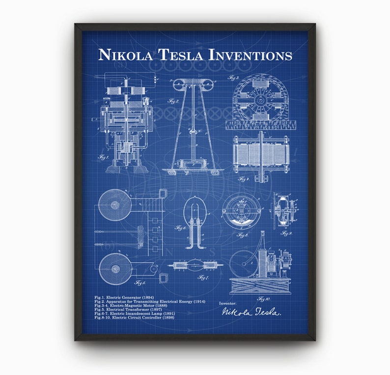 Peut inclure: Une affiche de style plan bleu et blanc mettant en sc&egrave;ne les inventions de Nikola Tesla. L'affiche comprend des diagrammes d'un g&eacute;n&eacute;rateur &eacute;lectrique, d'un appareil de transmission d'&eacute;nergie &eacute;lectrique, d'un moteur &eacute;lectromagn&eacute;tique, d'un transformateur &eacute;lectrique, d'une lampe &agrave; incandescence &eacute;lectrique et d'un contr&ocirc;leur de circuit &eacute;lectrique. L'affiche comprend le texte "Nikola Tesla Inventions" et "Nikola Tesla".