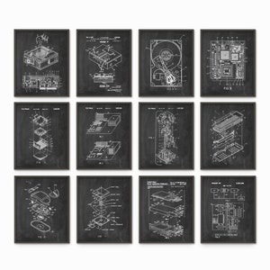 May include: A set of 12 black and white vintage computer patent prints. The prints feature illustrations of various computer components, including a hard drive, a mouse, a keyboard, and a circuit board. The prints are framed in black frames.