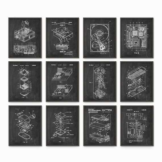 Computer Patent Print Set of 12, Computing Design Schematics, Information Technology Posters, IT Student Dorm Decor, Geek Office Art
