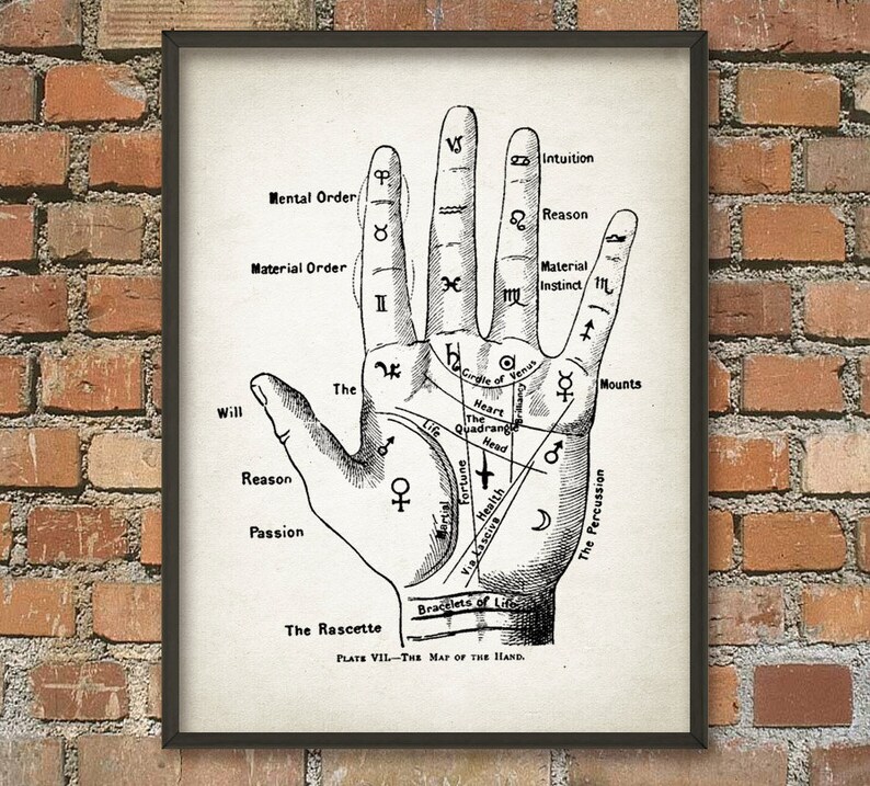 Palmistry Hand Diagram Wall Art Poster - Antique Hiromancy Drawing - Palmistry Art Print - Fortune Telling Light Ivory