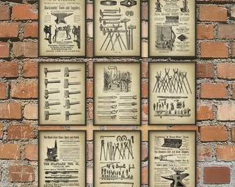 Blacksmith Prints Set of 9, Blacksmithing Equipment, Hammer Forge Tongs, Metalworker Gift Idea, Iron and Steel Forging Metallurgy Posters