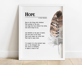Hope Poem by Emily Dickinson Print, Inspirational Wall Art, Hope Is The Thing With Feathers Poetry Poster #1