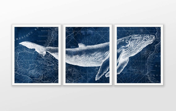 Humpback Whale on Nautical Map Watercolor Art Poster Set of 3