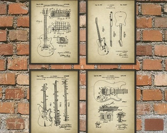 Guitar Patent Prints Set Of 4 - Guitar Design - Electric Guitar - Guitarist - Rock Band - Rock Music - Musician Wall Art - Music Room