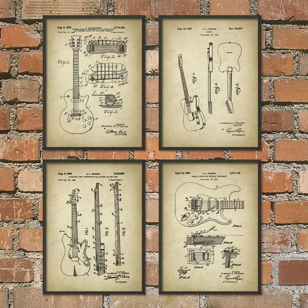 Guitar Patent Prints Set Of 4 - Guitar Design - Electric Guitar - Guitarist - Rock Band - Rock Music - Musician Wall Art - Music Room
