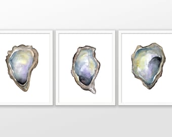 Oyster Art Print Set Of 3, Watercolor Oyster Painting, Oyster Shell Print, Beach House, Oyster Seashell, Seafood Kitchen, Bathroom Art #2
