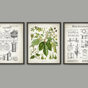 Beer Brewing Wall Art Print Set of 3 - Beer Making Wall Art - Beer Brewing Patent - Hops Humulus Hop Plant - Beer Making Inventions Art Set