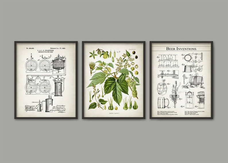 Beer Brewing Wall Art Print Set of 3 Beer Making Wall Art Beer Brewing Patent Hops Humulus Hop Plant Beer Making Inventions Art Set image 2