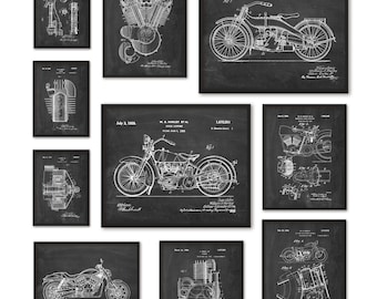 Motorcycle Patent Print Set of 10 - American Motorcycle Wall Art - Motorcycling Home Decor - Motorcyclist Gift - Motorcycle Garage Mechanic