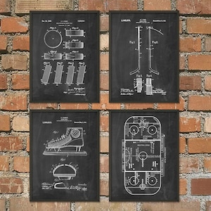May include: Four black and white vintage patent drawings of hockey equipment. The drawings include a hockey stick, a hockey puck, a hockey skate, and a hockey rink diagram. The drawings are framed in black frames and are displayed on a brick wall.