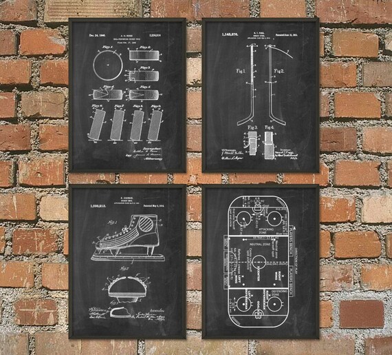 Ice Hockey Patent Print Set Of 4 - Ice Hockey Rink - Ice Hockey Puck - Ice Hockey Stick - Hockey Stick Design - NHL Ice Hockey Gift Idea