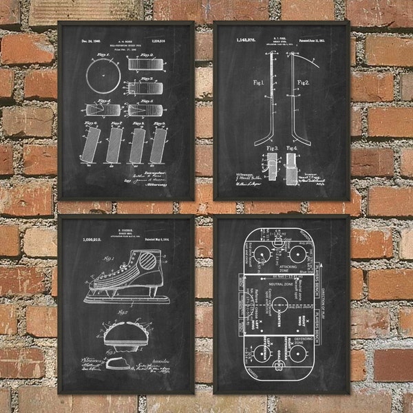 Ice Hockey Patent Print Set Of 4 - Ice Hockey Rink - Ice Hockey Puck - Ice Hockey Stick - Hockey Stick Design - NHL Ice Hockey Gift Idea