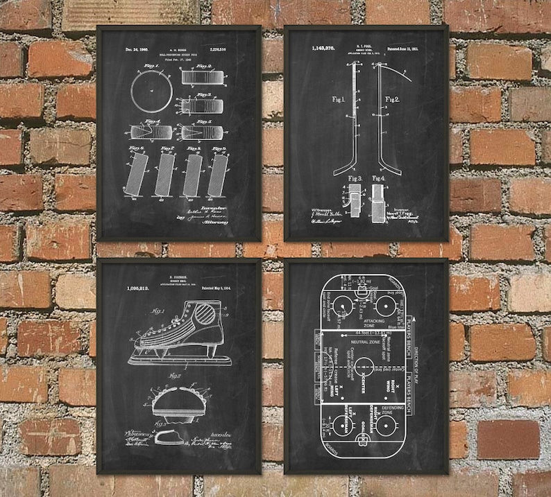 May include: Four black and white vintage patent drawings of hockey equipment. The drawings include a hockey stick, a hockey puck, a hockey skate, and a hockey rink diagram. The drawings are framed in black frames and are displayed on a brick wall.