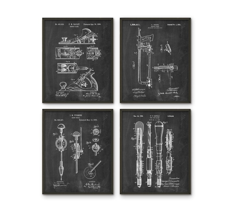 May include: Set of four vintage woodworking tool patent prints on a black chalkboard background. The prints feature drawings of a hand plane, a saw, a drill, and a screwdriver. Each print includes the patent number, inventor's name, and date.