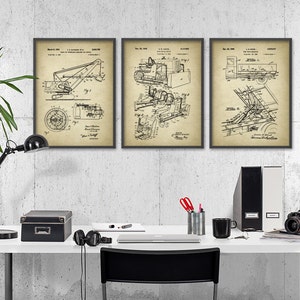 Construction Patent Prints Set Of 3 - Boys Bedroom Wall Art - Building Print - Construction Vehicle - Dump Truck - Mechanical Shovel