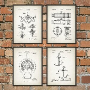 May include: Set of four vintage nautical patent prints featuring a ship's wheel, a telescope, a ship's engine control, and an anchor. Each print is in black and white and includes the patent number, date, and inventor's name.