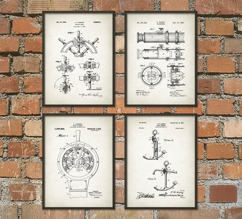 May include: Set of four vintage nautical patent prints featuring a ship's wheel, a telescope, a ship's engine control, and an anchor. Each print is in black and white and includes the patent number, date, and inventor's name.
