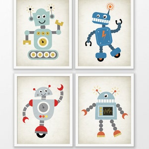 Cute Robot Nursery Prints Set Of 4 - Robot Art - Baby Boy Shower Gift - Kids Playroom Decor - Boys Nursery Pictures - Robot Wall Art #172