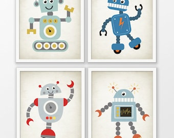 Cute Robot Nursery Prints Set Of 4 - Robot Art - Baby Boy Shower Gift - Kids Playroom Decor - Boys Nursery Pictures - Robot Wall Art