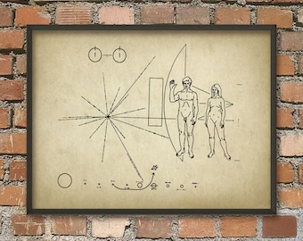 NASA Pioneer 10 Space Probe Plaque Poster, Unmanned Space Exploration, SETI Alien Greeting Print