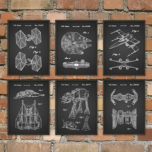 May include: Set of six black and white vintage style patent drawings of Star Wars vehicles. The drawings include the X-Wing, TIE Fighter, Millennium Falcon, AT-AT, and two variations of the TIE Interceptor.