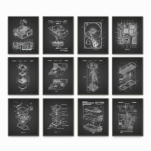 May include: A set of 10 black and white vintage computer patent prints. The prints feature various computer components, including a hard drive, a mouse, and a circuit board. The prints are framed in black frames and are perfect for adding a touch of vintage style to any home or office.