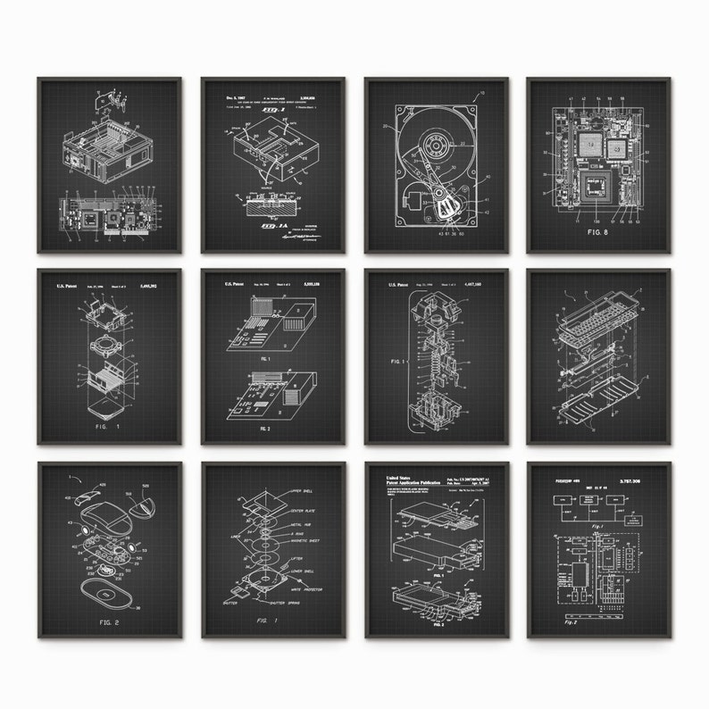 Op de afbeelding: Een set van 10 zwart-witte vintage computerpatentafdrukken. De afdrukken tonen verschillende computercomponenten, waaronder een harde schijf, een muis en een printplaat. De afdrukken zijn ingelijst in zwarte lijsten en zijn perfect om een vleugje vintage stijl toe te voegen aan elk huis of kantoor.