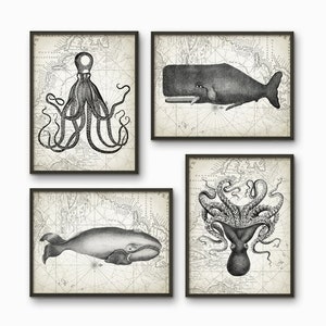 May include: Set of four black and white vintage illustrations of an octopus and a whale on a nautical map background.