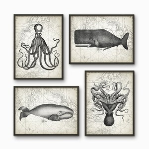 Whales And Octopus Bathroom Print Set of 4 - Bathroom Decor - Marine Biology Art - Whale And Octopus Illustration - AB217