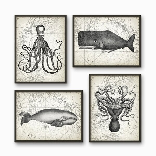 Whales And Octopus Bathroom Print Set of 4 - Bathroom Decor - Marine Biology Art - Whale And Octopus Illustration