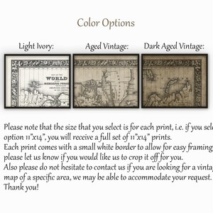 May include: Three framed vintage maps of the world with different color options: light ivory, aged vintage, and dark aged vintage. Each map has a decorative border and the text "WORLD" is visible in the top center of the light ivory map.