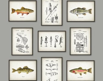 Fishing Print Set of 9, Brook Trout, Largemouth Bass, Walleye, Steelhead Trout, Angling Art, Trout Fishing, Lure, Rod, Reel, Fly Fishing