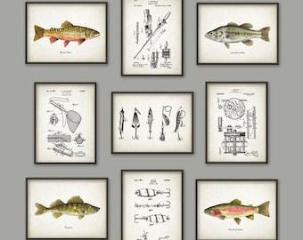 Fishing Print Set of 9, Brook Trout, Largemouth Bass, Walleye, Steelhead Trout, Angling Art, Trout Fishing, Lure, Rod, Reel, Fly Fishing