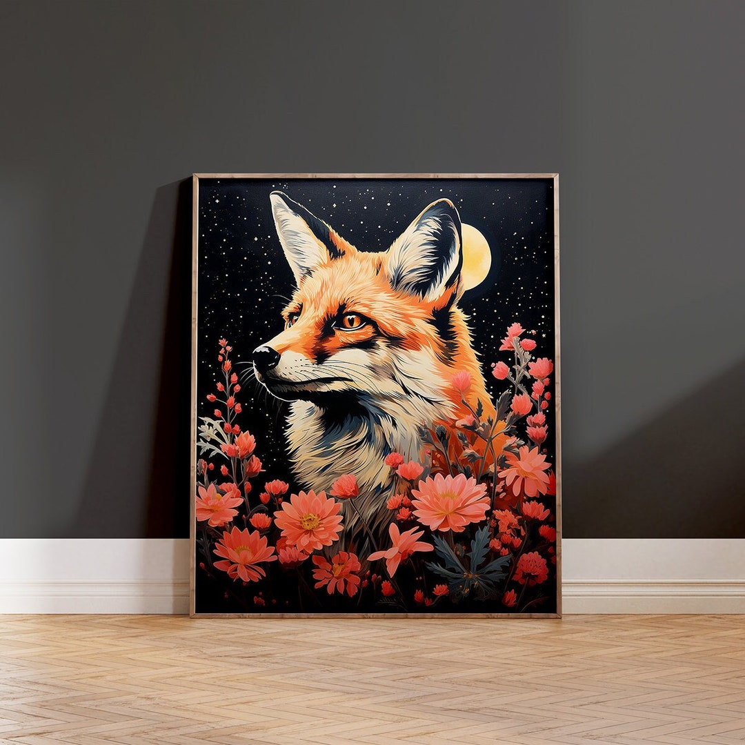 Mystical Fox at Night Print, Celestial Floral Dark Wall Art - Etsy