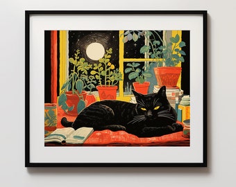 Snoozing Cat Print, Black Cat on a Sofa Wall Art