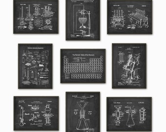 Science Patent Prints Set of 9 - Chemistry Wall Art - Periodic Table Microscope Laboratory Equipment Poster Set Of 9 - Chemist Gift Idea