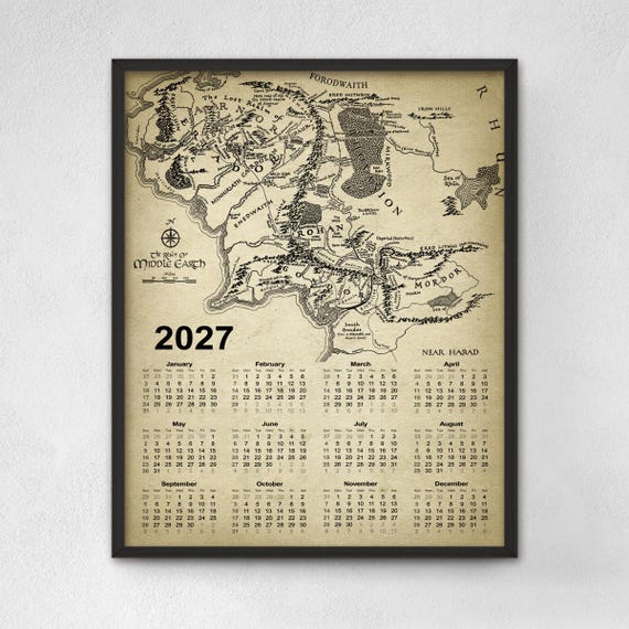 Lord of the Rings Inspired Map Wall Calendar 2027 - Middle Earth Poster