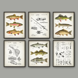 May include: Set of six vintage-style prints featuring illustrations of various fish species, fishing equipment, and fishing lures. The prints are in black and white and sepia tones and have a distressed, antique look. The prints are framed in black frames.