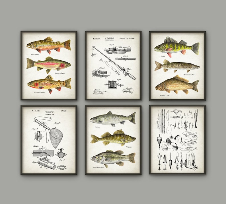 May include: Set of six vintage-style prints featuring illustrations of various fish species, fishing equipment, and fishing lures. The prints are in black and white and sepia tones and have a distressed, antique look. The prints are framed in black frames.