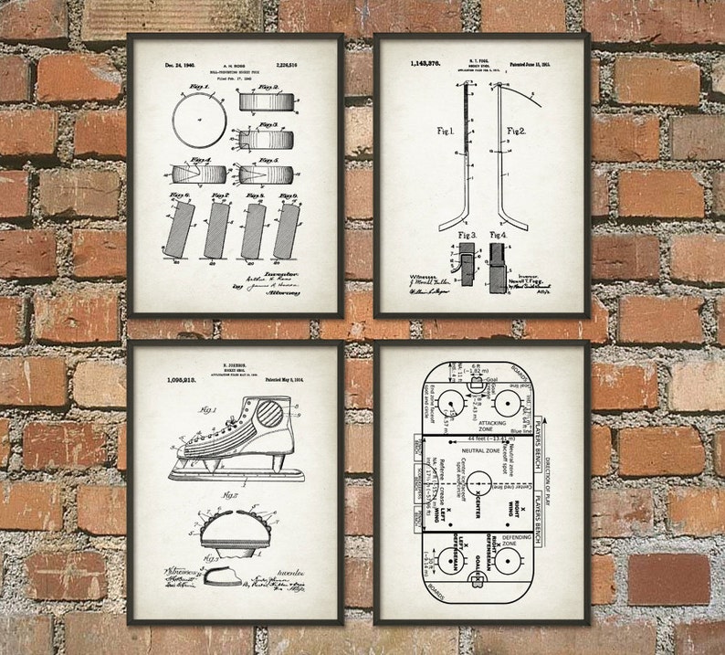 May include: Four black and white vintage patent drawings for hockey equipment. The first drawing shows a hockey puck. The second drawing shows a hockey stick. The third drawing shows a hockey skate. The fourth drawing shows a hockey rink.