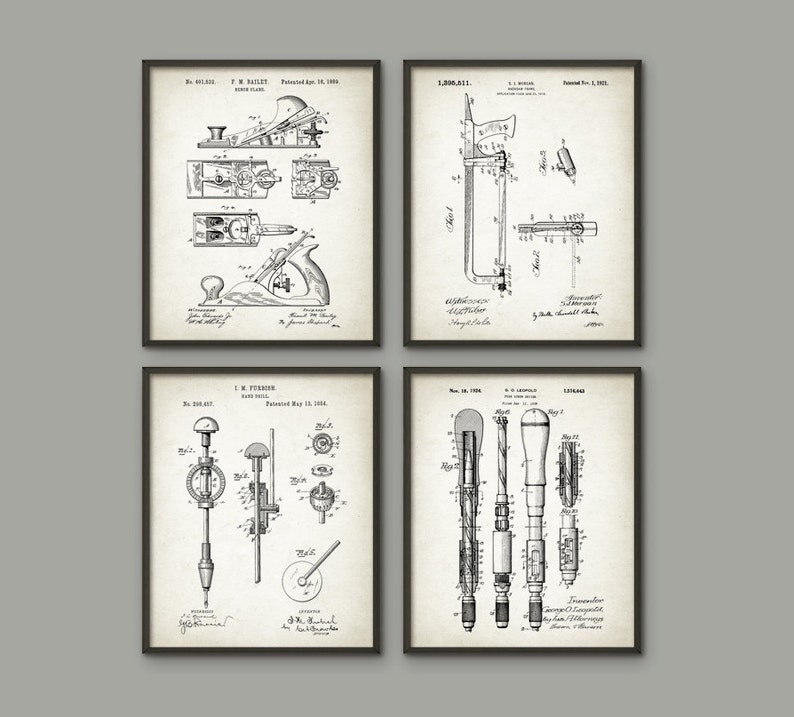 May include: Set of four vintage black and white patent drawings for woodworking tools. The drawings show a plane, a saw, a drill, and a drill bit. Each drawing includes the patent number, inventor's name, and date.