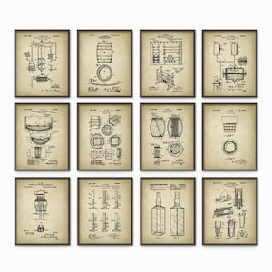 Whiskey Patent Print Set Of 12, Alcohol Distilling Inventions, Whiskey Aging Schematics Vintage Posters, Home Bar and Pub Decor