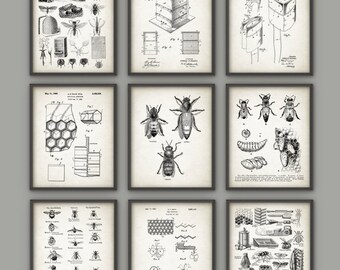 Beekeeping Print Set Of 9, Vintage Beehive and Apiary Patents, Honeycomb Honey Bee Keeper Veil Queen Bee Honey Bee, Melittology Posters