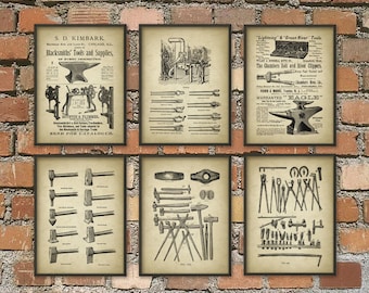 Blacksmith Prints Set of 6 - Blacksmith Equipment - Hammer - Forge - Tongs - Metalworker - Forging - Metallurgy - Blacksmith Gift Idea