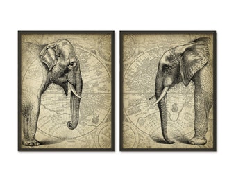 Elephants Wall Art Poster Set Of 2, African And Indian Elephant on Vintage World Map Prints, Elephant Home Decor