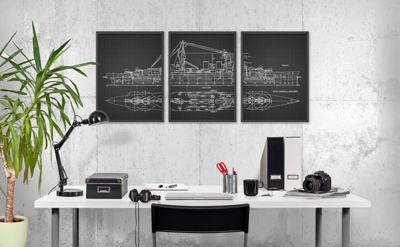 HMS Hood Battlecruiser Art Poster Set of 3 - Royal Navy Warship - The Mighty Hood - Ship Schematic - Warship Blueprint - Fast Battleship