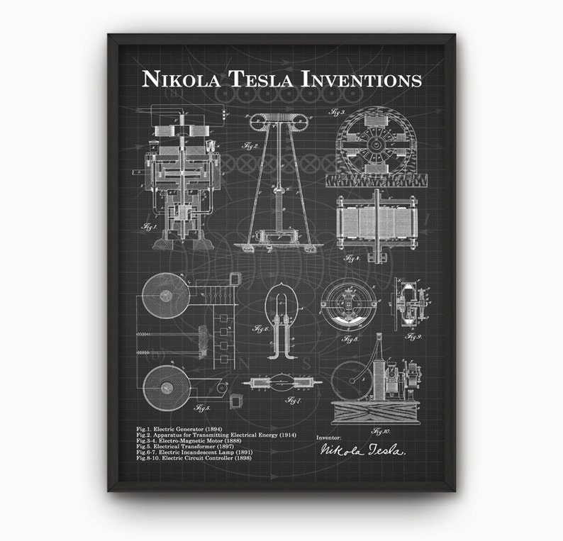 Peut inclure: Une illustration en noir et blanc des inventions de Nikola Tesla, notamment un g&eacute;n&eacute;rateur &eacute;lectrique, un transformateur, un moteur &eacute;lectrique et une lampe &agrave; incandescence. L'image est sur un fond noir avec un motif de grille.